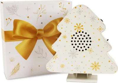 A Christmas tree-shaped music box and its gift box are displayed against a white background.