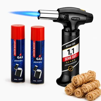Produktbild von [ Test , Note 1.1 *] Mevsim Store XL Gasbrenner Set bis 1300 °C – Küchenbrenner mit 2 x 300 ml Feuerzeuggas und 5 Feueranzündern