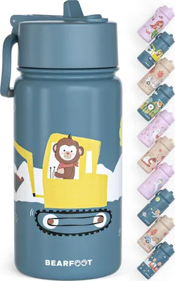 Produktbild von Trinkflasche Kinder Edelstahl mit Strohhalm, Thermosflasche 400ml - BPA frei, auslaufsicher, Kleinkinder, Mädchen & Jungen Wasserflasche - Bagger