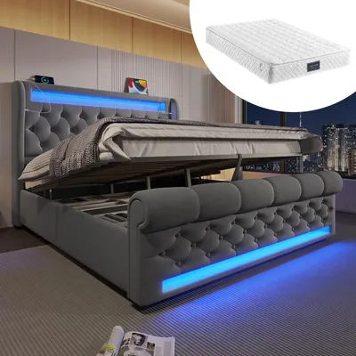 A modern grey upholstered bed with LED lighting and a mattress shown separately in an inset.