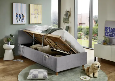Produktbild von Meise Möbel Stauraumbett Cosy 90x200 cm | Bettkasten & Lattenrost (Federholzrahmen) | USB | Strukturstoff Grau | Holzfuß eichefarbig
