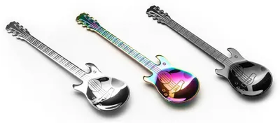 Three guitar-shaped spoons are displayed on a white background.