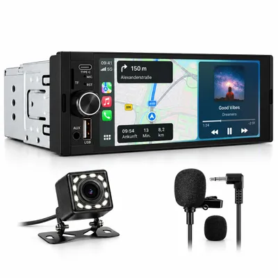 Immagine prodotto di Autoradio Junsun 1-DIN con CarPlay wireless e Android Auto, schermo touchscreen IPS da 6,36 pollici, Bluetooth, telecamera posteriore e microfono