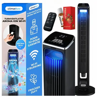 Zdjęcie produktu dla Wentylator Kolumnowy Stojący AROMA 107cm Cichy WiFi Tuya Jonizacja Aromaterapia Zapach Pilot Timer Czarny