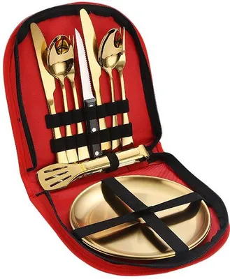 Produktbild von Gepolstes Camping-Set, goldfarbenes Outdoor-Messer, ideal für Zelten, Steakmesser, Gabel und Löffel, 10-teilig.