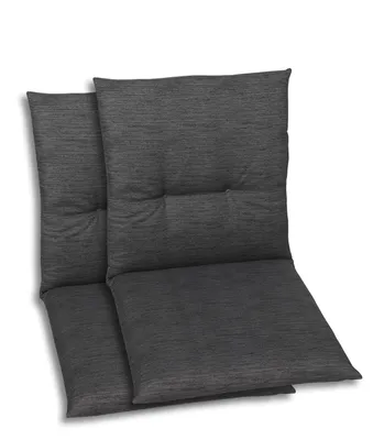 Two dark gray chair cushions are shown side-by-side against a white background.