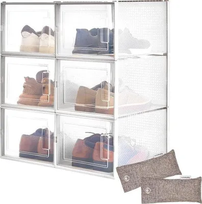 Produktbild von Unyqoos®️ Schuhbox - 6 stapelbare Schuhboxen - Robuste stapelbare transparente Schuhboxen mit Hinterlüftung für die Schuhaufbewahrung - Transparente Schuhorganizer inklusive Bambus-Holzkohle-Deodorant.