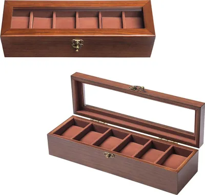 Produktbild von Uhren Displaybox Holz, 6-Fächer Aufbewahrungsbox, Glasdeckel, Herren Damen Schmuckbox