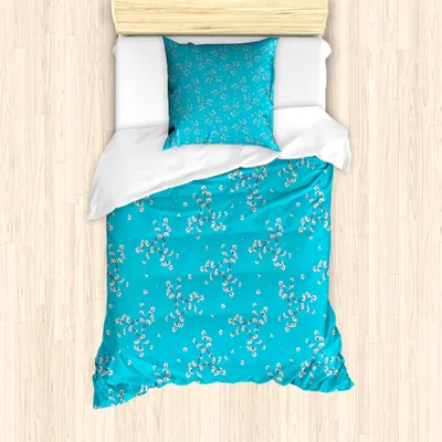 Produktbild von ABAKUHAUS japanischer Sakura Bettbezug Set für Einzelbetten, Kirschblüten-Kunst, Milbensicher Allergiker geeignet mit Kissenbezug, 135 cm x 200 cm - 80 x 80 cm, Himmelblau und Champagner