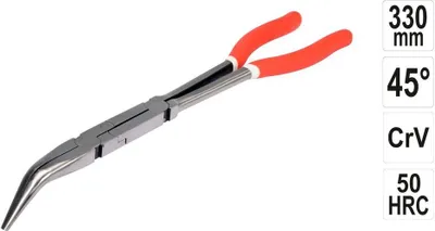 A pair of long, angled needle-nose pliers with orange handles, presented against a white background. There are also several text boxes on the right side of the image detailing product specifications.