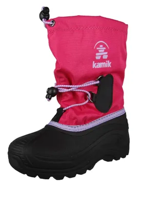 A single pink snow boot with black and purple accents is shown against a white background.