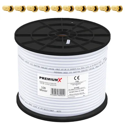 Produktbild von PremiumX 100m BASIC Koaxialkabel 135dB 4-fach SAT Koax Kabel 10x F-Stecker
