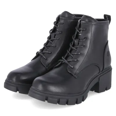 A pair of black leather lace-up boots with a thick sole and heel, presented on a white background.