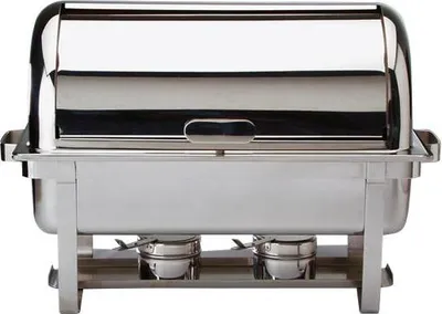 Produktbild von APS 12300 Chafing Dish MAESTRO, mit Rolltopdeckel, 2 Brennpastenbehälter, Vorrichtung für Heizelement, Speisebehälter GN 1/1 (65 mm tief), 9 Liter, 67 x 35 x 45 m, Edelstahl