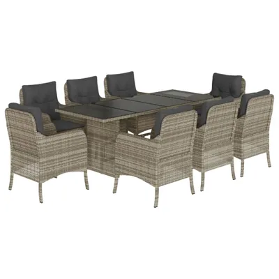 Produktbild von 9-tlg. Garten-Essgruppe mit Kissen Hellgrau Poly Rattan
