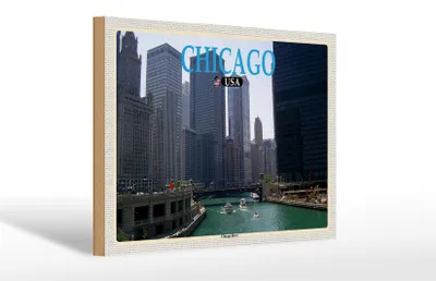 Produktbild von Holzschild Reise 30x20cm Chicago USA Chicago River Fluss Hochhäuser