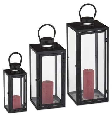Image de Lot de 3 lanternes Relaxdays, lanternes décoratives pour l'extérieur et l'intérieur, 3 tailles, style moderne, photophores en métal pour bougies, noir