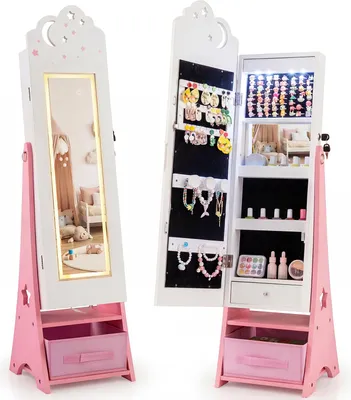 Immagine prodotto di COSTWAY Armadio portagioie per bambini 2 in 1 con illuminazione, armadio a specchio con specchio a figura intera, specchio interno, 4 luci LED e 2 cassetti, bianco