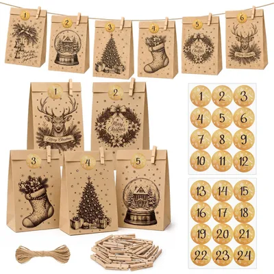 Adventskalender zum Befüllen, 24 Tüten, Kraftpapier, Vintage