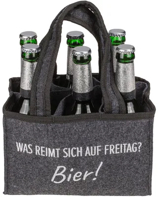 Produktbild von Flaschentasche Bierträger Flaschenträger Transportkorb aus Filz für 6 Flaschen »Was reimt sich auf Freitag? Bier!«