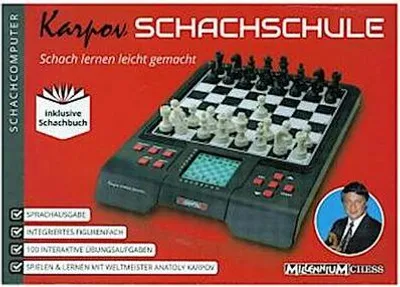 The image shows the packaging of a chess computer game, featuring the product itself, text descriptions, and a picture of Anatoly Karpov.