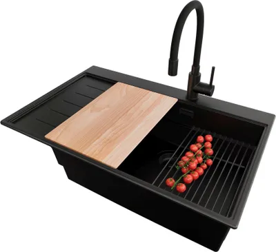 Produktbild von PRIMAGRAN Granitspüle Alles Schwarz 78x50cm, Spülbecken 1 Becken + Ablauf-Set + Küchenzubehörset, Küchenspüle ab 60er Unterschrank - Sydney