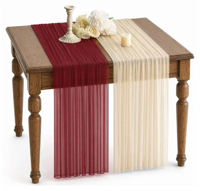 Productafbeelding van Kaasdoek tafelrunners - 2 stuks van mousseline - Tafeldecoratie - 75 x 300 cm - Wijnrood en champagnekleur