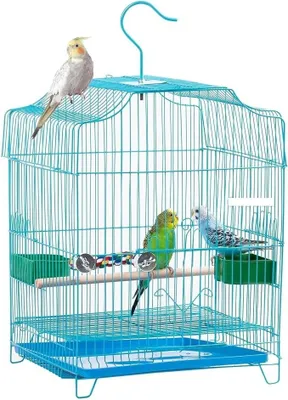 Imagen del producto de Jaula para pájaros pequeña, ideal para transportar aves como los pinzones, con una bandeja de plástico extraíble y 2 comederos con posadores