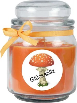 Produktbild von Duftkerze im Bonbonglas "Viel Glück", Duft: Honigmelone ( Orange ), 300g - Brenndauer bis zu 70 Stunden