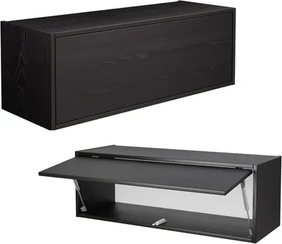 A black wall-mounted cabinet shown closed and then open.