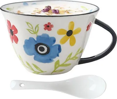 Produktbild von Famanu Frühstücksmok 600 ml - XXL Kaffeetasse mit Henkel und Löffel - Blumenmuster Porzellantasse