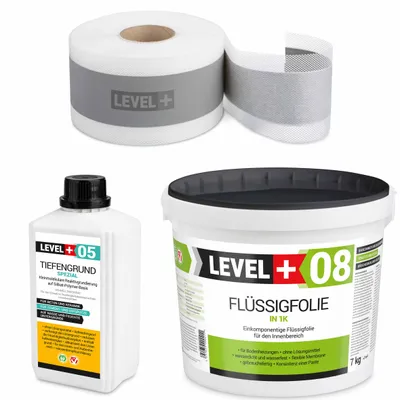Obrázek produktu pro Hydroizolační sada Tekutá fólie 7kg Těsnicí páska 5mb Silikátový nátěr 1L - LEVEL+ SET03