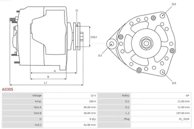 Produktbild von AS-PL A0305 Lichtmaschine Generator LiMa 200A 12V für JOHN DEERE Series 7 Series 7030 Series 8 Series 8030