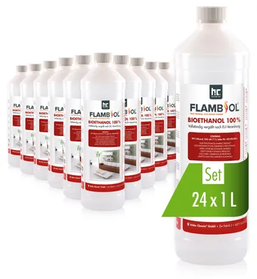 Produktbild von 24x 1 L FLAMBIOL® Bioethanol Hochrein 100 % in Flaschen für Edelstahl-Tisch-Kamine