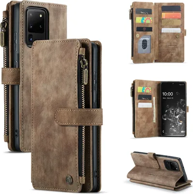 Obrázek produktu pro Galaxy S20 Ultra Pouzdro,PolyuretanKožené Pouzdro na Zip, Magnetické Uzavírání, Kapsa na Karty, Stojánek, Peněženka, Ochranné Pouzdro pro Samsung Galaxy S20 Ultra Hnědý