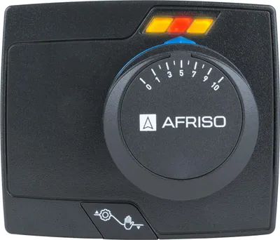 A close-up studio shot of a black electronic actuator with a dial and indicator lights.