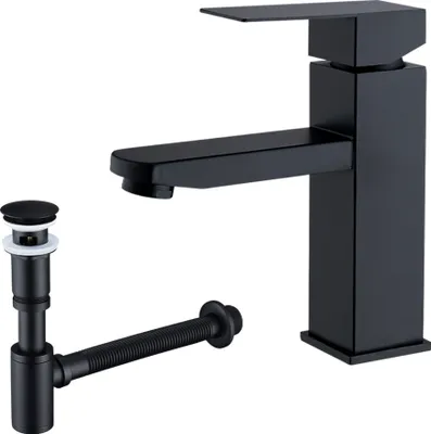 Produktbild von Badarmatur mit Pop-Up Ablaufventil und Universal Siphon für Waschbecken Wasserhahn Bad Schwarz Waschtischarmatur mit Ablaufgarnitur 1 1/4 Zoll Messing Ventil Ablauf, Schwarz