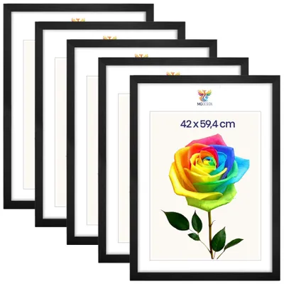 Produktbild von MG Design 5er Set Bilderrahmen Schwarz A2 42x59,4 cm - Posterrahmen Echtholz mit Acrylglas, stabile Wandaufhängung, hoch/quer