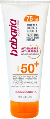 Obrázek produktu pro Babaria SPF50+ Anti-Dark Spot And Anti-Wrinkle Sun Cream, Opalovací krém, Obličej, Tuba, Proti stárnutí, Proti tmavým skvrnám, Proti vráskám, Hydratující, Univerzální pleť, 75 ml