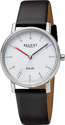 A close-up studio shot of a women's wristwatch with a white face and black leather strap.