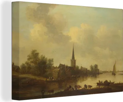 Obrázok produktu pre OneMillionCanvasses® - Obrazy na plátne - 140x90 cm, River Landscape with Cattle - maľba od Jan van Goyen, nástenné umenie Print Wall Decoration