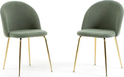Immagine prodotto di Set di 2 sedie da pranzo in tessuto teddy, imbottite con gambe in metallo, sedie moderne per cucina, sala da pranzo, bar e ristoranti SARA - verde salvia / oro