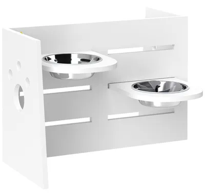 Immagine prodotto di Support regolabile per ciotole da cibo per cani, con 2 ciotole in acciaio inossidabile | Colore: Bianco | Dimensioni: 63x58,5x40 cm