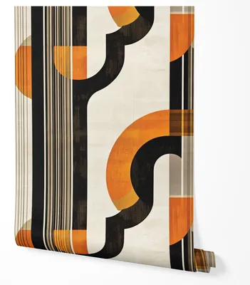 Produktbild von Selbstklebende Tapete Möbelfolie Abstrakt Geometrisch Retro Design mit Streifen und Kreisen in Orange Schwarz Beige Tapete Küche Wohnzimmer Flur Schlafzimmer 2,5m x 0,5m