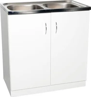 A white double sink vanity cabinet with silver handles and a stainless steel sink top.