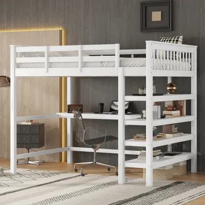 Produktbild von okwish Kinderbett 140 x 200 Hochbett mit Ablagefächern und Unterbettschreibtisch Bettgestell, Weiß