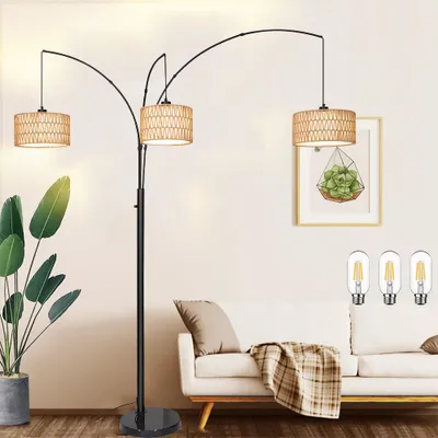 Produktbild von LED Stehlampe Rattan Stehleuchte LED Gewölbte Verstellbare Bogenlampe mit 3 Glühbirne Standleuchte mit Doppelter Lampenschirm Leselampe Knopf Schalter