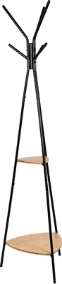 A black metal coat rack with two wooden shelves against a white background.