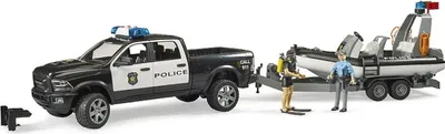 Image de BRUDER RAM 2500 Police Pickup avec remorque et bateau - 1:16 - noir/blanc - 2 figurines