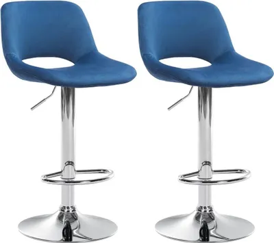Imagen del producto de Conjunto de dos taburetes de bar de terciopelo. Taburetes con altura ajustable y giro de 360°. Color: azul. Material de la base: metal con acabado cromado